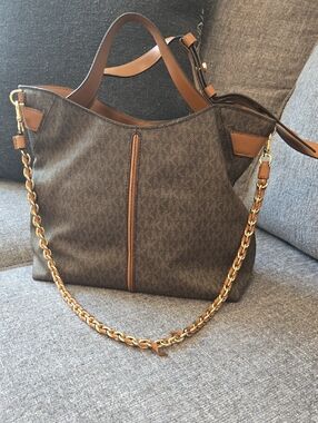 Designer-Style Brown Tote with Gold Chain Accent